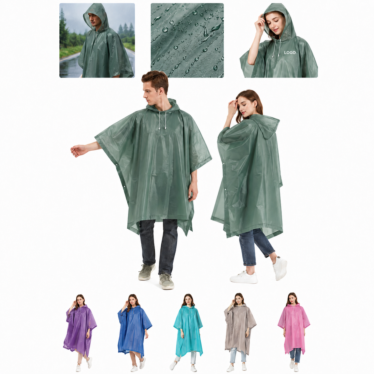 Durable EVA Waterproof Rain Poncho with Adjustable Drawstring Hood