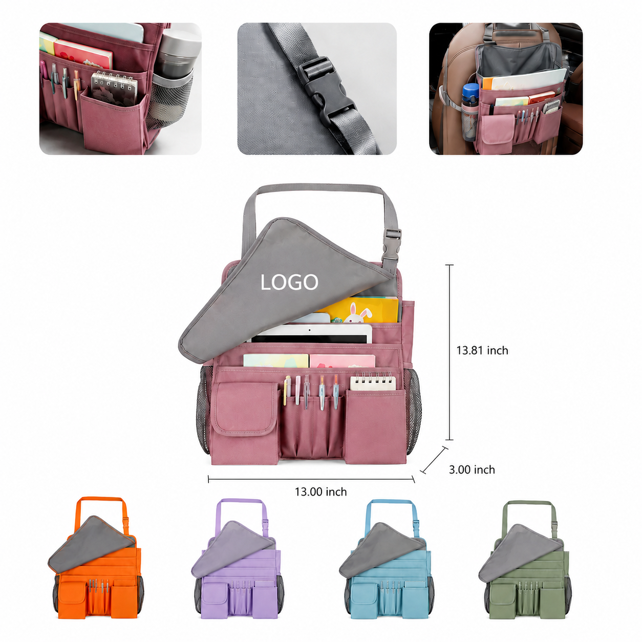 Multi-Compartment Vehicle Headrest Storage Organizer with Adjustable Buckle