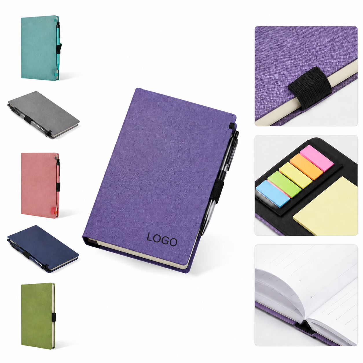Hardcover Task Manager Notebook Kit with Integrated Sticky Notes and Matching Pen