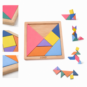 Colorful Wooden Tangram Geometry Puzzle with Natural Frame