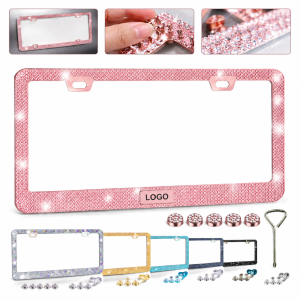Premium Stainless Steel Jeweled License Plate Frame with Decorative Caps
