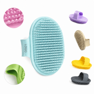 Multi-Color Rubber Pet Grooming and Massage Brush with Integrated Hand Strap